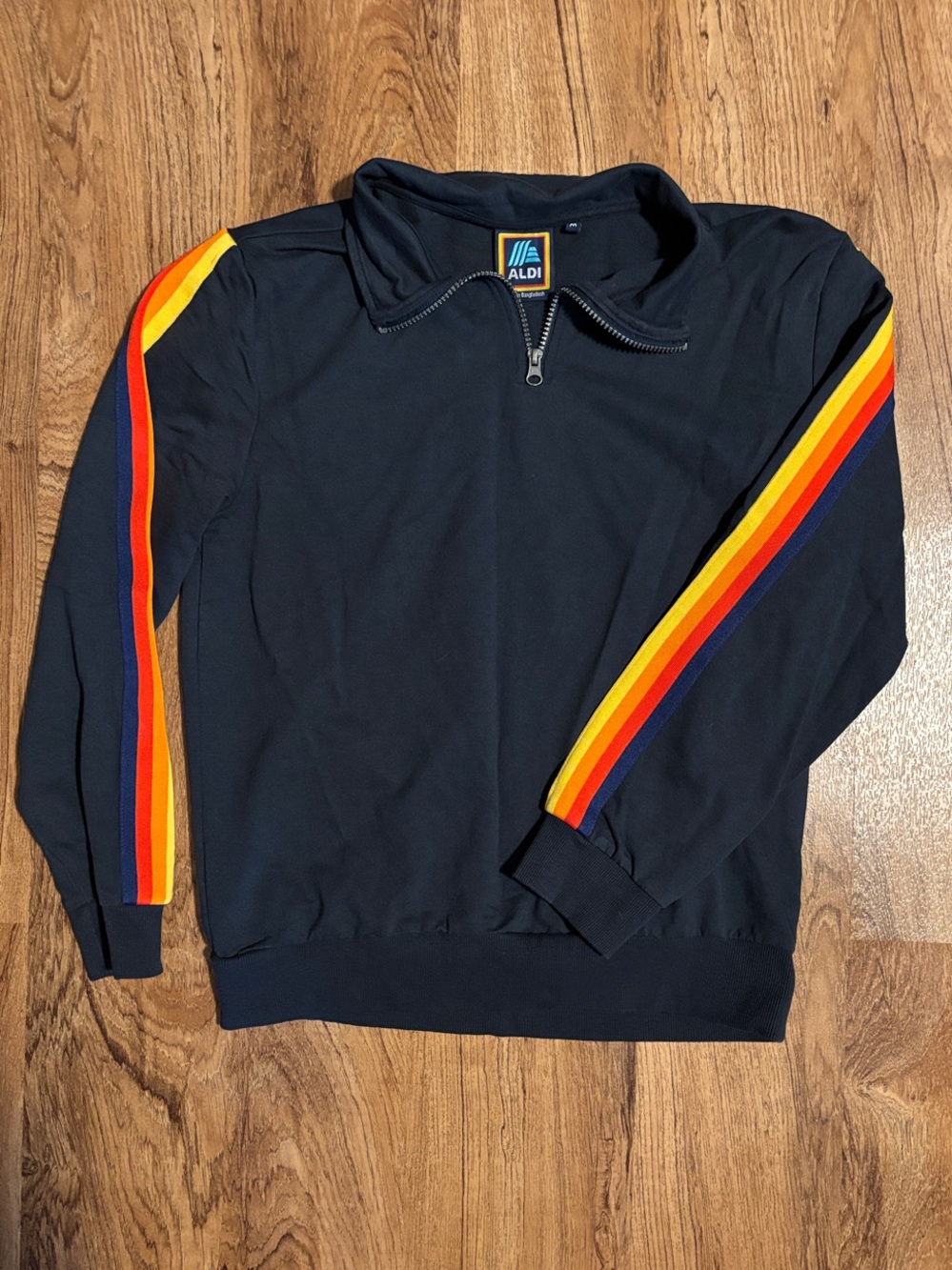 NWOT ALDI Navy Quarter-Zip Pullover with Retro Rainbow Sleeve Stripes Unisex